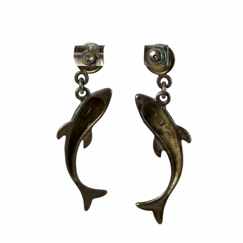 Vintage 925 Sterling Silver Dolphin Dangle Earrings Nautical Ocean beach - Picture 6 of 11